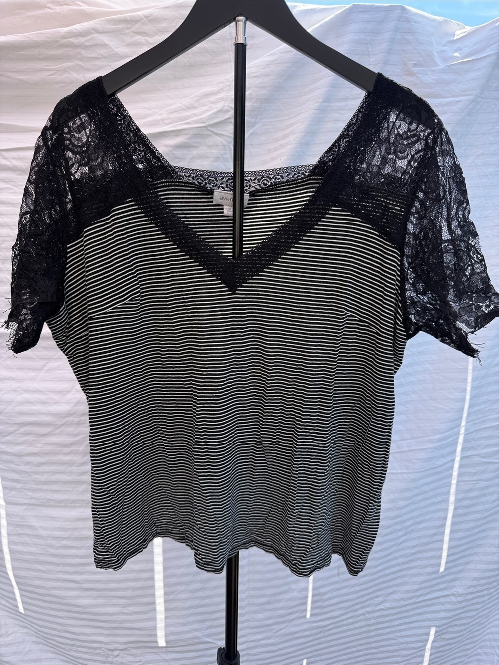 Avenue Black and White Striped V-Neck Top with Lace Trim